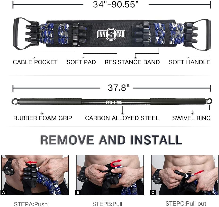 INNSTAR Professional Bodybuilding Elastics Kit for Full Body Training, Bar for Elastic Bodybuilding Bands Max Load Capacity 360 kg, Elastic Resistance Bands for Home Gym