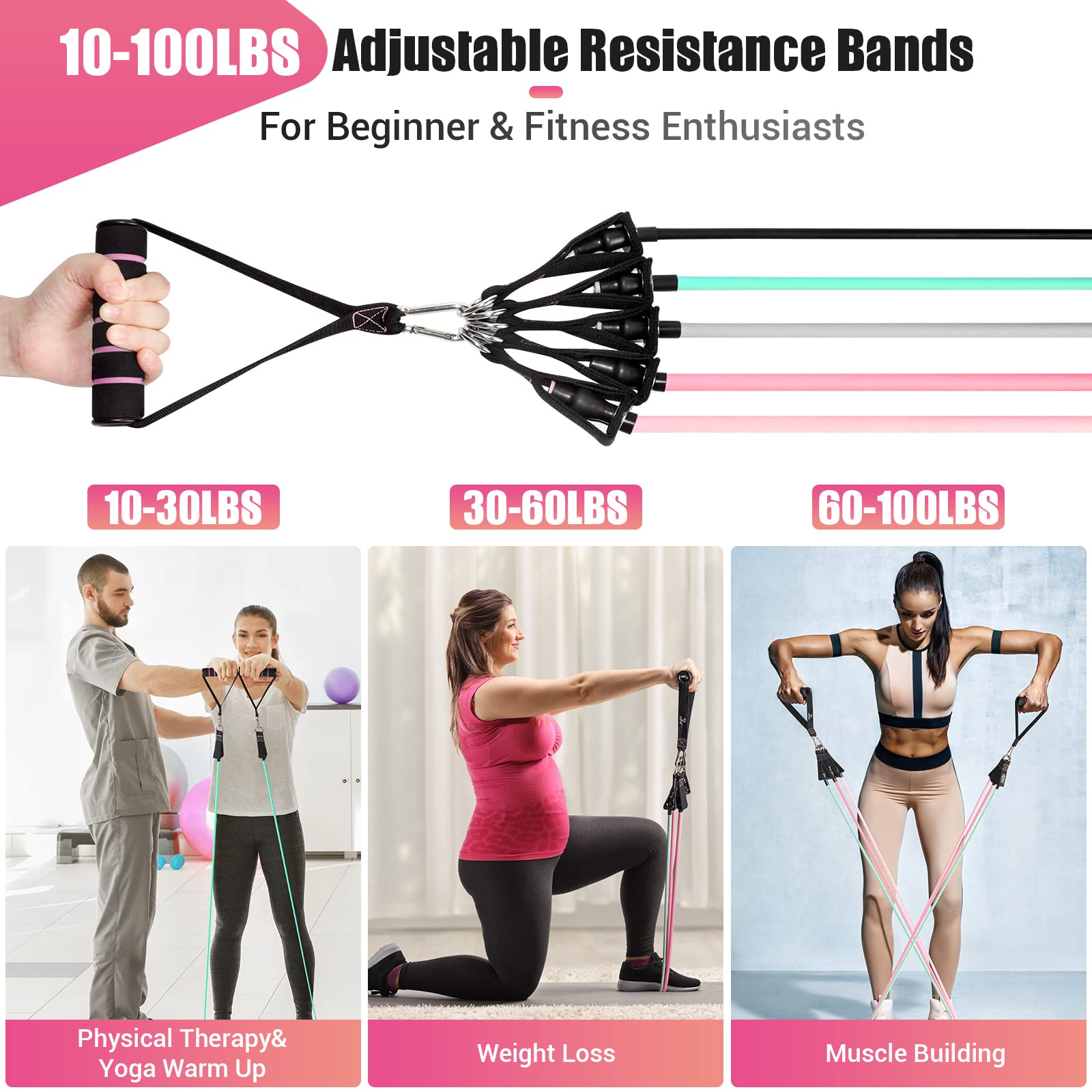 Bodybuilding Elastic Kit, 5 Elastic Bodybuilding Elastic Sports with Large Handles, Ankle Straps, Door Anchor Accessory, Ideal for Strength Training and Physiotherapy