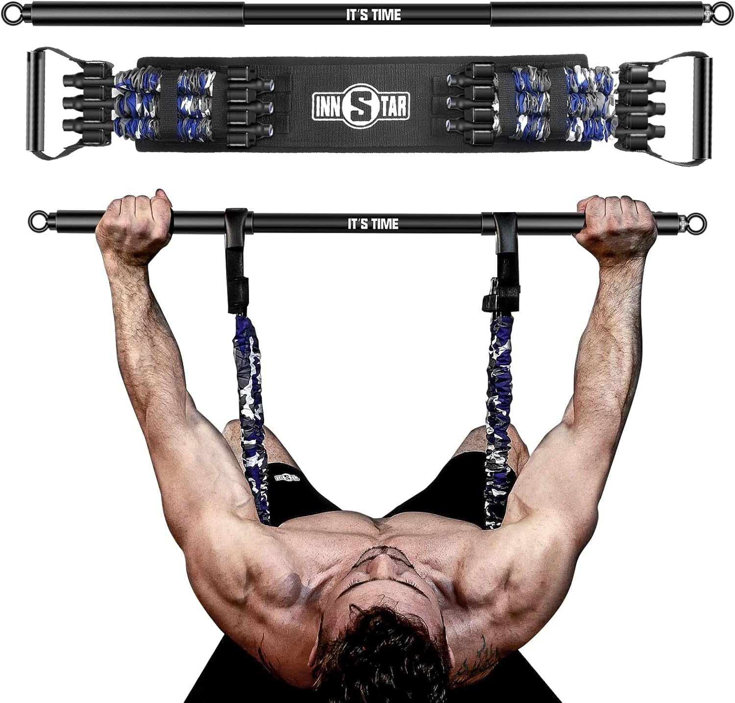 INNSTAR Professional Bodybuilding Elastics Kit for Full Body Training, Bar for Elastic Bodybuilding Bands Max Load Capacity 360 kg, Elastic Resistance Bands for Home Gym