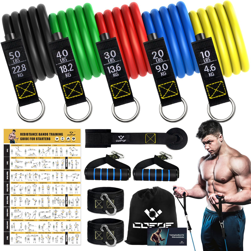 Bodybuilding Elastic Kit, 5 Elastic Bodybuilding Elastic Sports with Large Handles, Ankle Straps, Door Anchor Accessory, Ideal for Strength Training and Physiotherapy