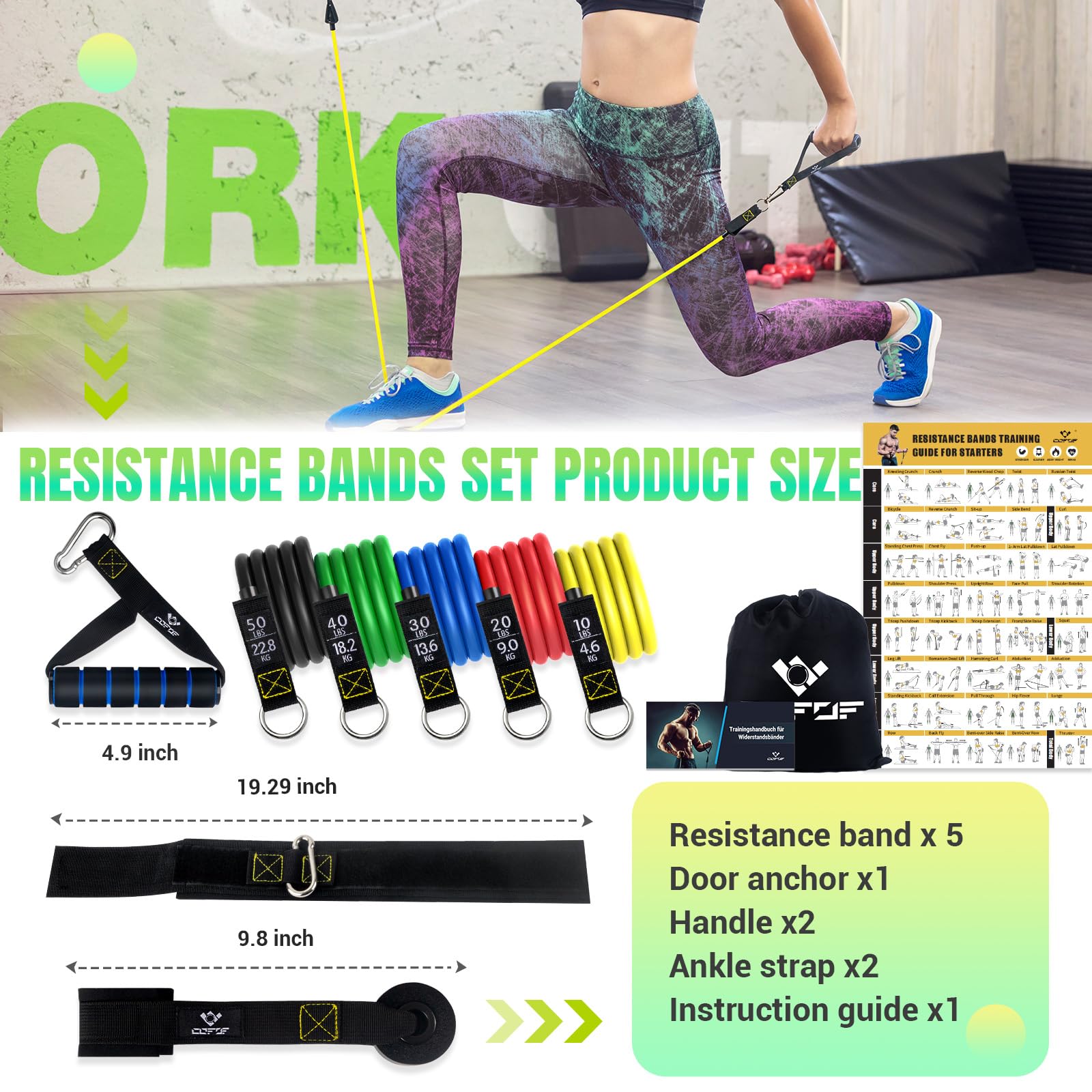 Bodybuilding Elastic Kit, 5 Elastic Bodybuilding Elastic Sports with Large Handles, Ankle Straps, Door Anchor Accessory, Ideal for Strength Training and Physiotherapy