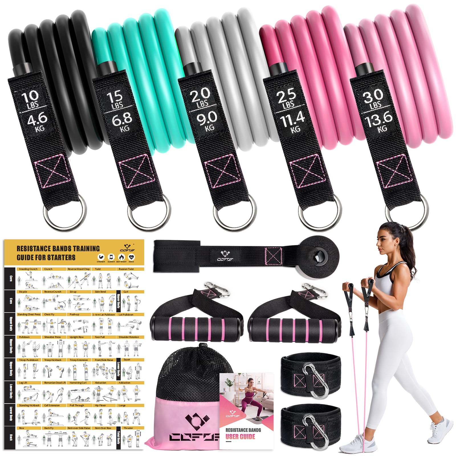 Bodybuilding Elastic Kit, 5 Elastic Bodybuilding Elastic Sports with Large Handles, Ankle Straps, Door Anchor Accessory, Ideal for Strength Training and Physiotherapy