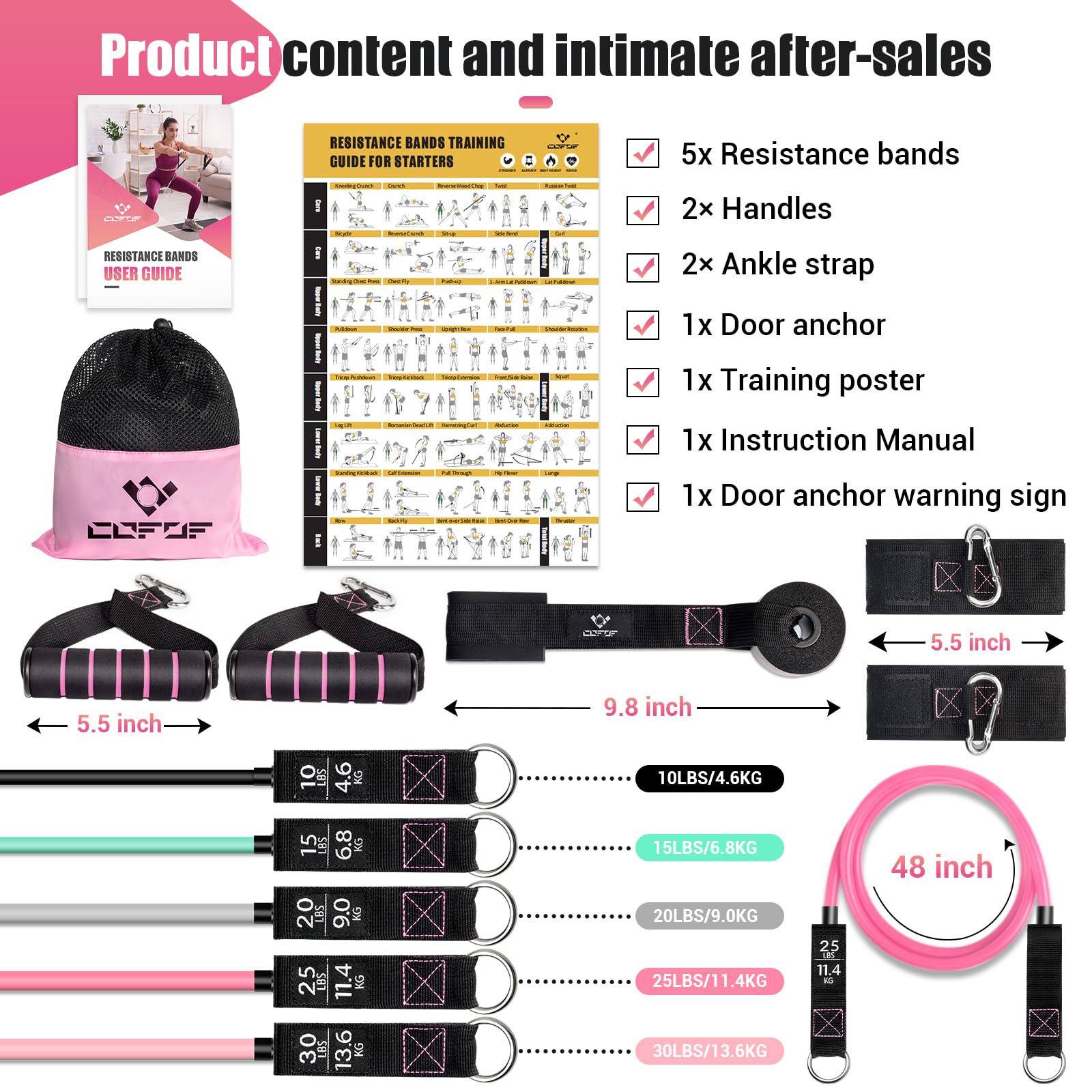 Bodybuilding Elastic Kit, 5 Elastic Bodybuilding Elastic Sports with Large Handles, Ankle Straps, Door Anchor Accessory, Ideal for Strength Training and Physiotherapy