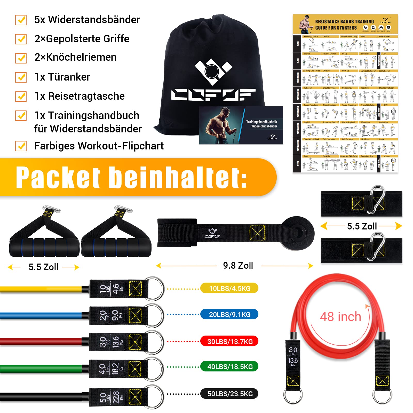 Bodybuilding Elastic Kit, 5 Elastic Bodybuilding Elastic Sports with Large Handles, Ankle Straps, Door Anchor Accessory, Ideal for Strength Training and Physiotherapy